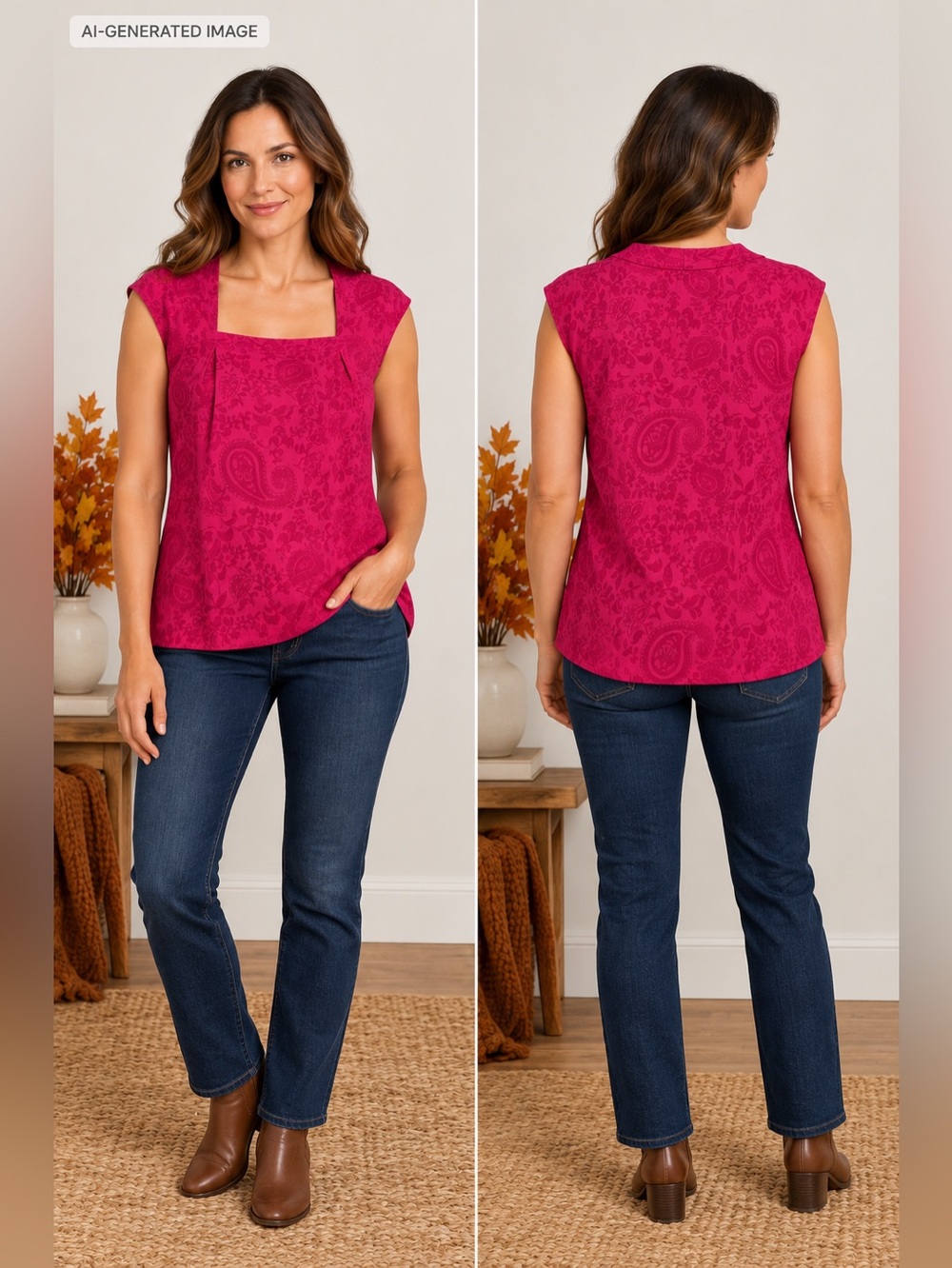 Jones Studio Bright Fuchsia Paisley-Pattern Square Neck Tank